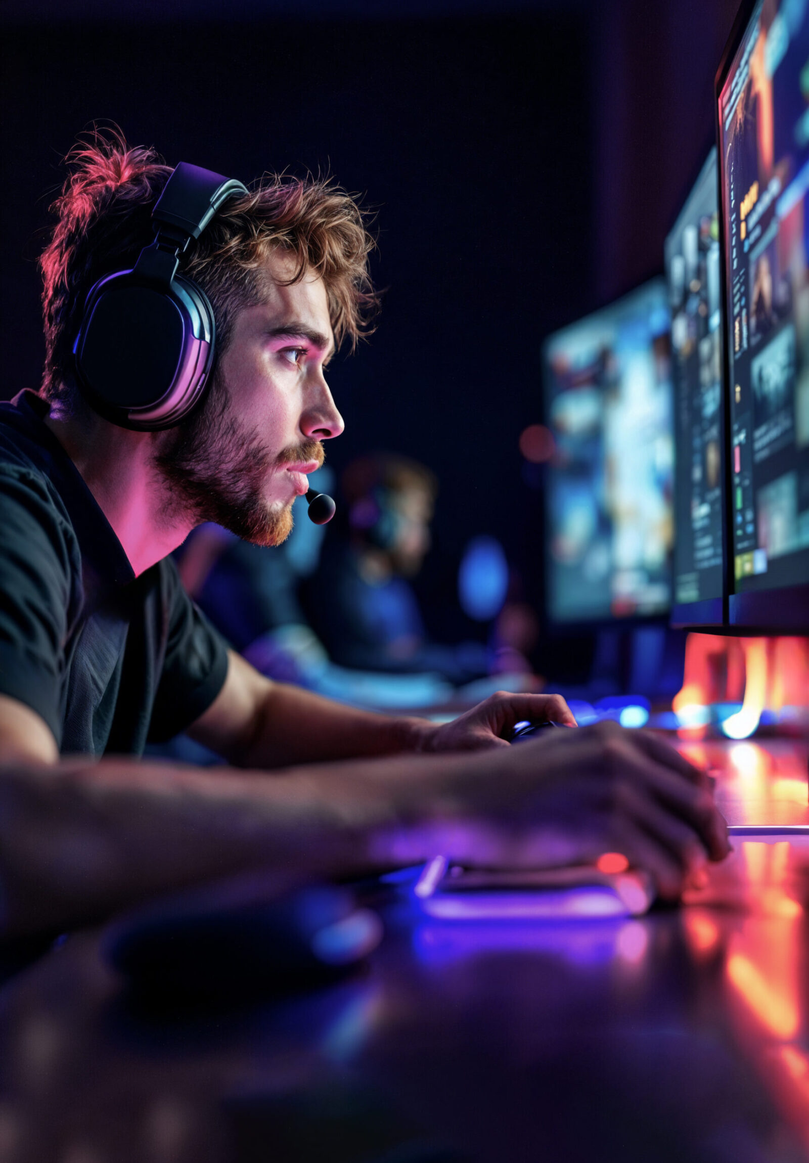 Side-profile of a young man wearing a large gaming headset with mic, focused on the neon-lit monitor during a game.